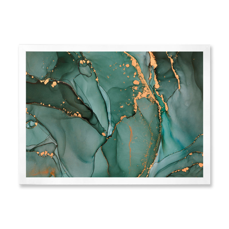 Turquoise et gris luxueux abstrait fluide IV - peinture sur toile, H 30 po x l 40 po x P 1,5 po, Cadre photo blanc