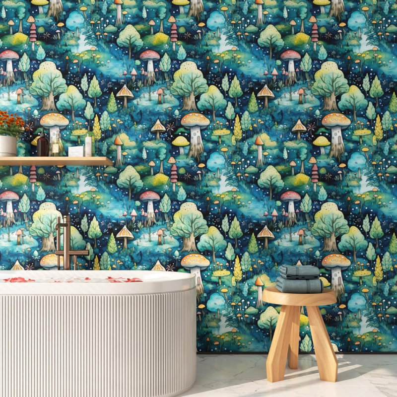 44.5 CM x 9 M Green Blue Leaf Wallpaper Self Adhesive Mushroom Wallpapers Boho Whimsical Forest