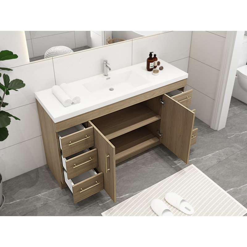 Ensemble de meuble-lavabo simple 59 po Carliss, Blanc/chêne, Or