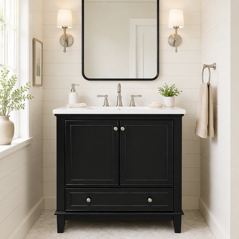 Meuble-lavabo sur pied simple 30 po avec comptoir en céramique, Noir