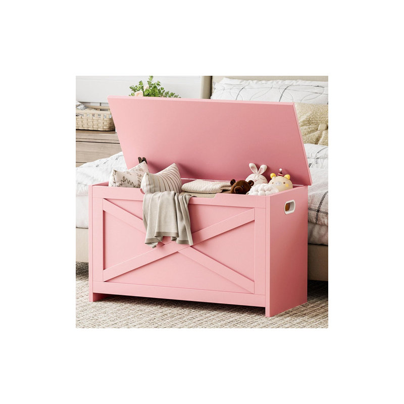 30" Wooden Storage Bench with Safety Hinge, Large Toy Chest for Entryway, Living Room & Bedroom, Pink