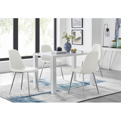 Eubanks High Gloss 4 Seat Rectangular Dining Table Set with Faux Leather Upholstered Dining Chairs