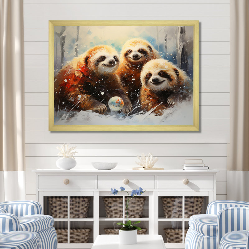 Brown Sloths Winter - Slothwall Art, 30" H x 40" W x 1.5" D, Gold Closed Corner Framed