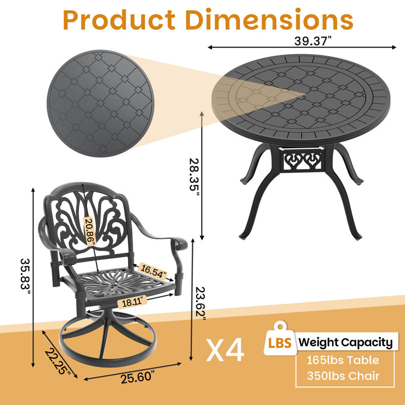 5-Piece Round Cast Aluminum Patio Dining Set with Swivel Chairs & Brown Cushions, 28.35" H x 39.37" L x 39.37" W