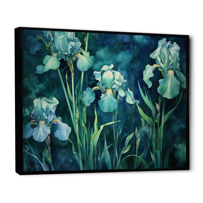 «Green Irises Petal I» sur toile, Cadre flottant noir, H 12 po x l 20 po x P 1,5 po