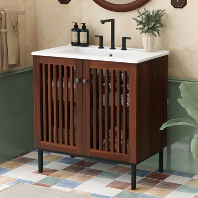 Meuble-lavabo vintage de 30 po avec lavabo en céramique, meuble-lavabo moderne avec 2 portes à fermeture en douceur (conception de clôture) et grand espace de rangement, équipé de 4 pieds en fer robustes