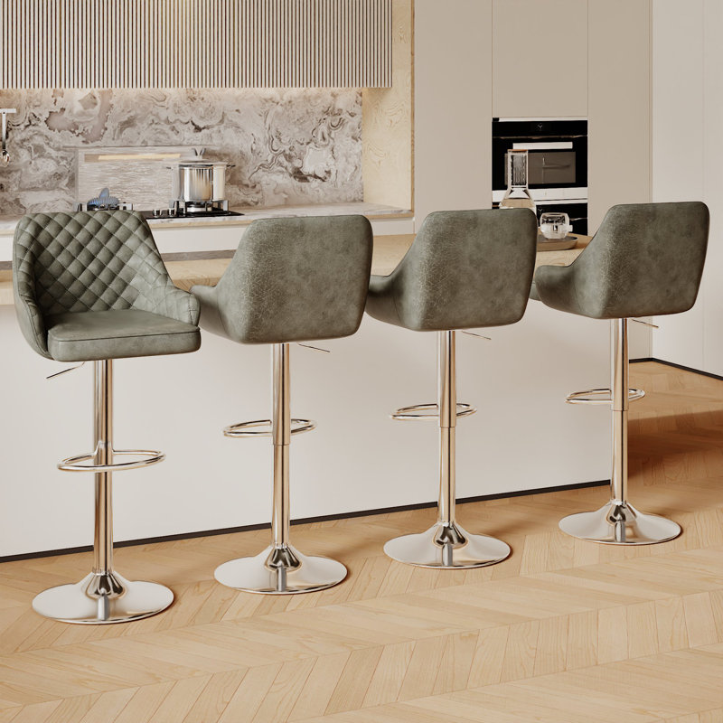 Ensemble de 4 tabourets de bar Aryelle, tabourets réglables à hauteur de comptoir avec dossier et accoudoirs, chaises de bar pivotantes modernes avec repose-pieds, tabourets de cuisine en polyuréthane revêtus d'îlot de cuisine, gris