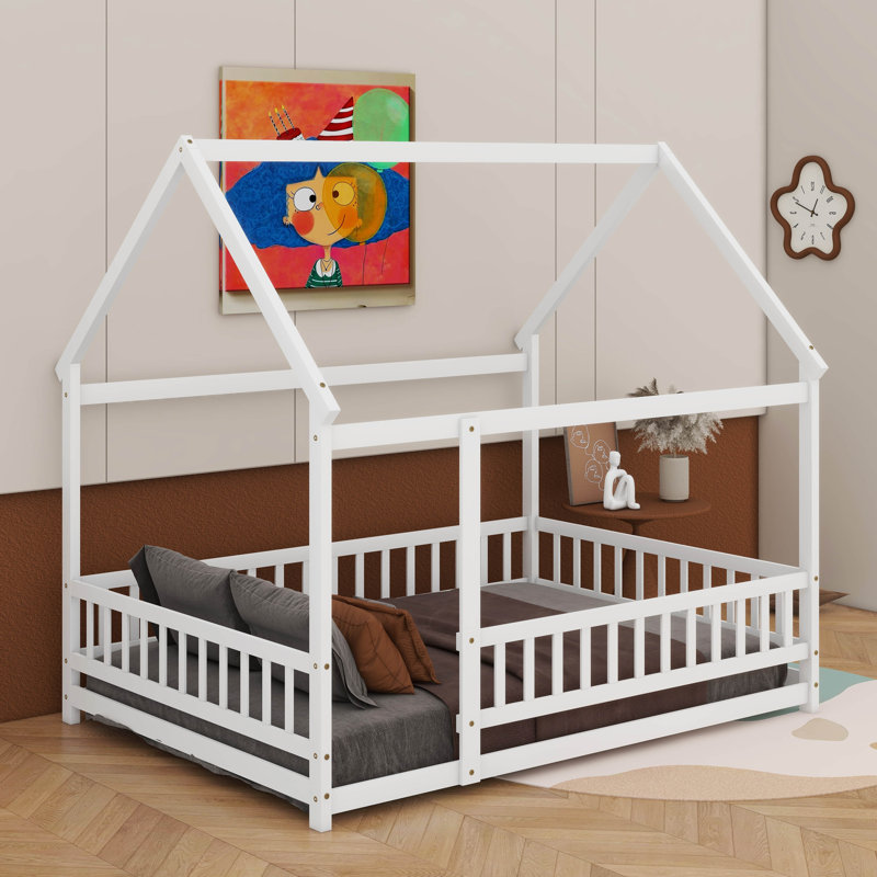 Lit en bois avec structure de toit et garde-corps de sécurité, Lit double, Blanc
