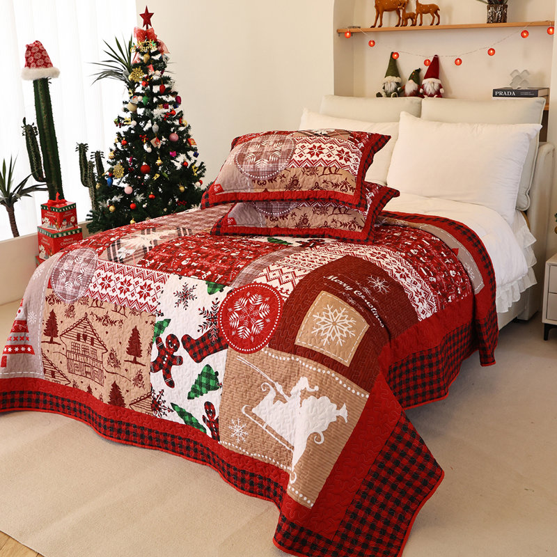 Janaid Red Microfiber Reversible Quilt Set Chritmas Bedding Set, Queen Quilt + 2 Standard Shams