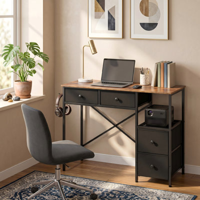Bureau d'ordinateur compact avec 4 tiroirs en tissu, table d'écriture simple pour bureaux à domicile ou zones d'étude pour enfants, brun rustique