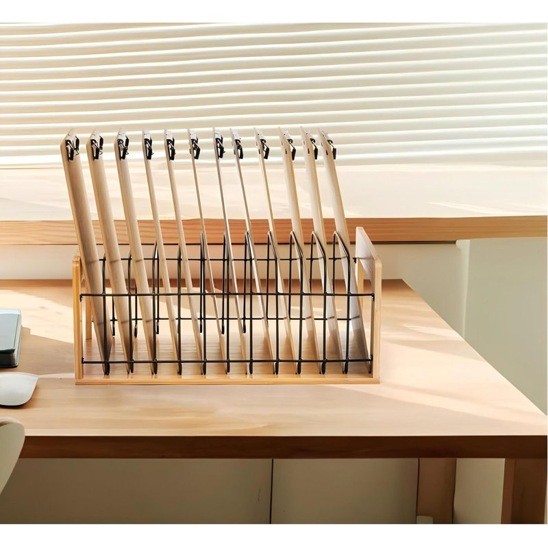 Vertical Clipboard Holder, 12 Slot Bamboo And Metal Clipboard Stand, Desk File Organizer Storage Rack For Home, Office, Classroom, No Assembly Required