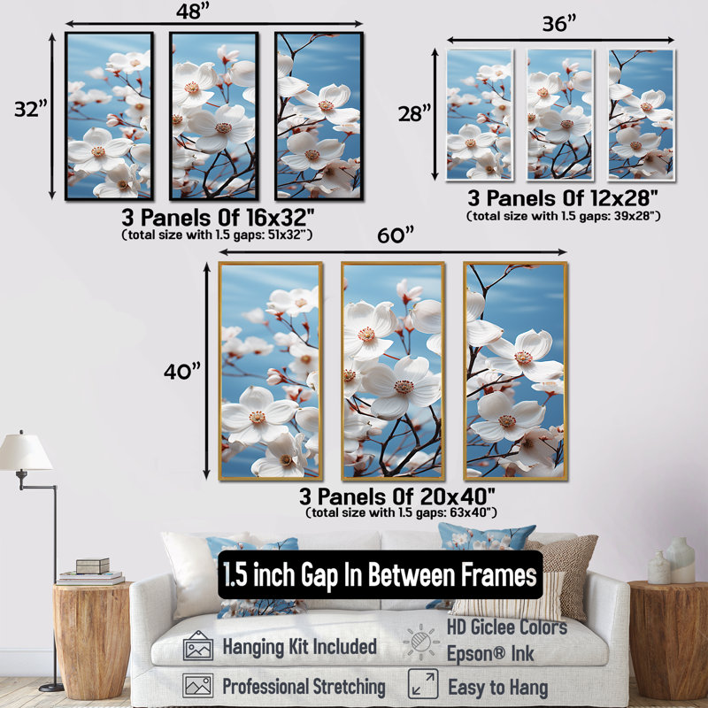 «Dreameal Dogwood», ensemble d'art mural sur toile, Cadre flottant doré, H 28 po x l 36 po x P 1 po