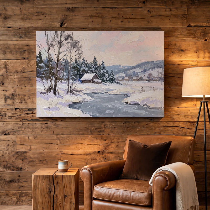 Tableau multicolore sur toile représentant un paysage hivernal avec un chalet et un ruisseau, œuvre d'art murale picturale représentant la nature enneigée, idéale pour le salon, la salle à manger et la chambre.