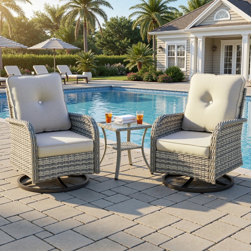 2-Person Patio Conversation Set With Rocking Swivel Chairs And Tempered-Glass Table, Beige