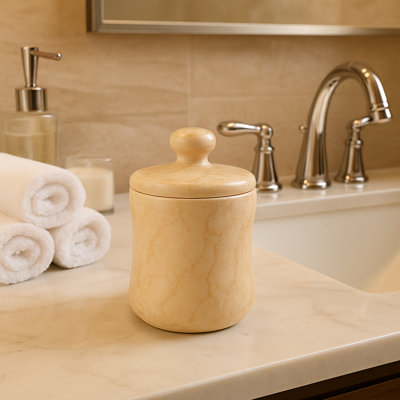 Degarmo Natural Champagne Marble Curvy Collection Cotton Ball Swab Holder Bathroom Storage Jar Container Organizer