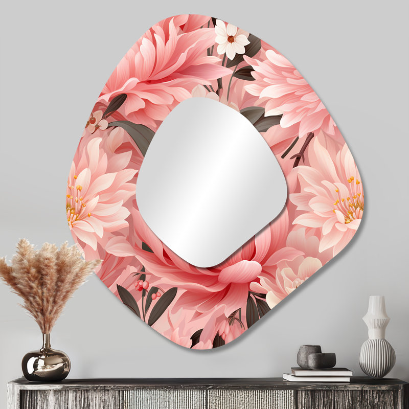 Rose floral pivoine délicatesse - miroir floral de forme irrégulière, miroir mural décoratif asymétrique rose, impression d'art en métal