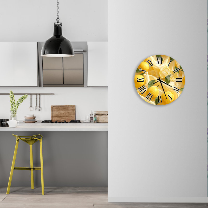 Horloge murale citron en verre trempé, décor de cuisine de fruits jaunes, horloge de style maison de campagne, cadeau maison moderne, horloge d'art agrume