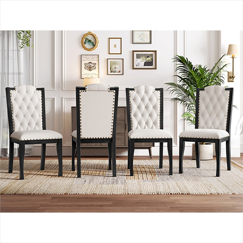 Ensemble de 4 chaises d'appoint, rembourrées de lin avec capitonnage à losanges et garniture cloutée, beige avec pieds en bois massif noir de jais, salle à manger 20,5 po x 17,5 po x 36,8 po