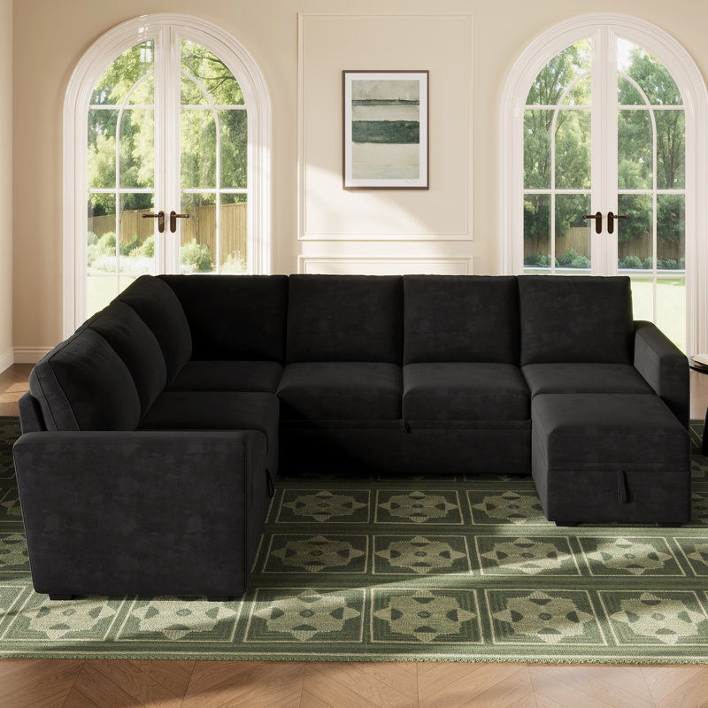 Hoelscher U Shaped Sleeper Corner Sectional Pull Out Sofa Bed With Storage Space, Black Velvet