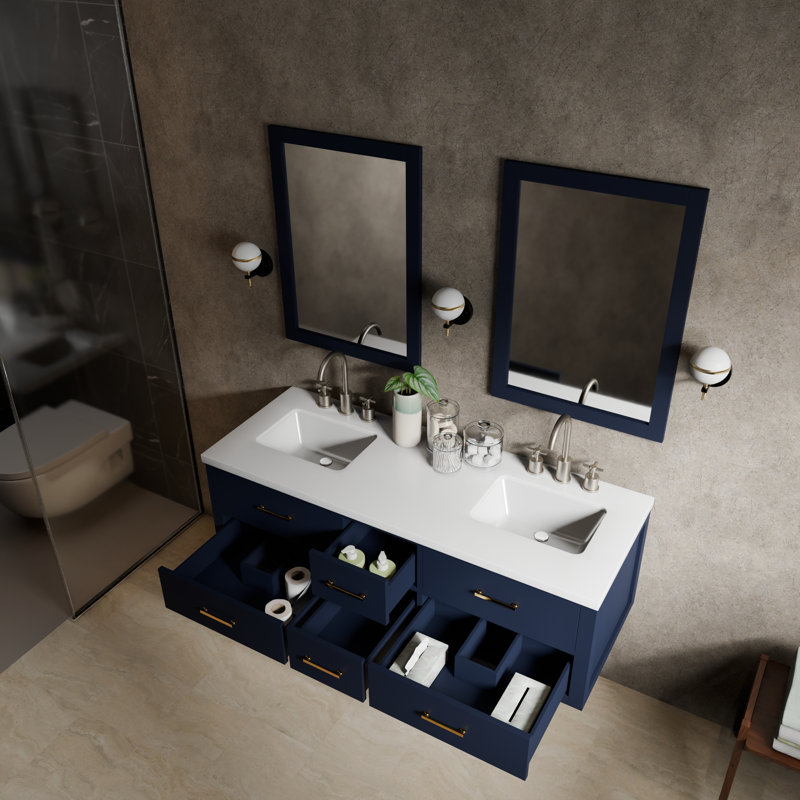 60" Wall-Mounted Double Bathroom Vanity Set, White Quartz, Blue