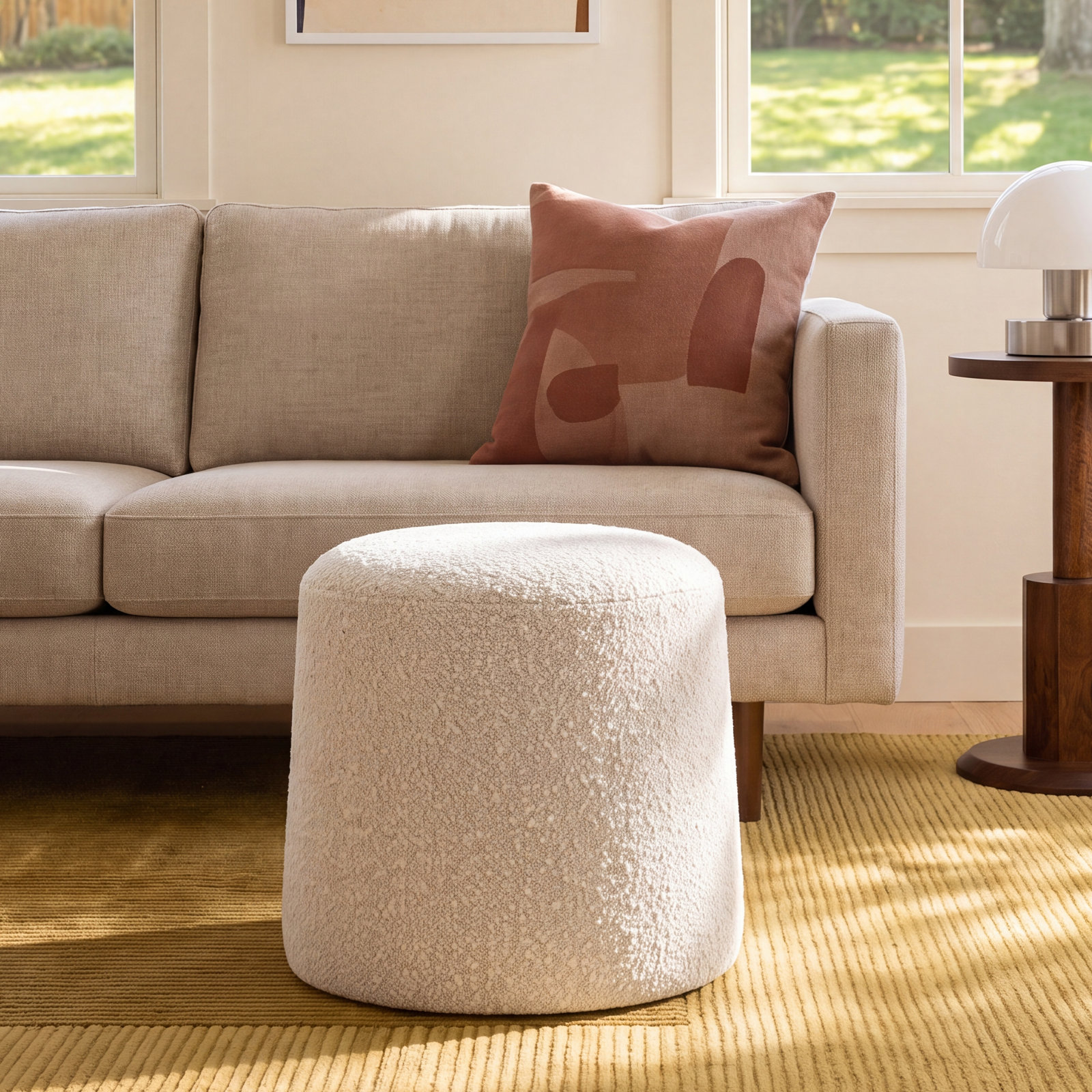 Astoria Upholstered Ottoman, Ivory White Boucle