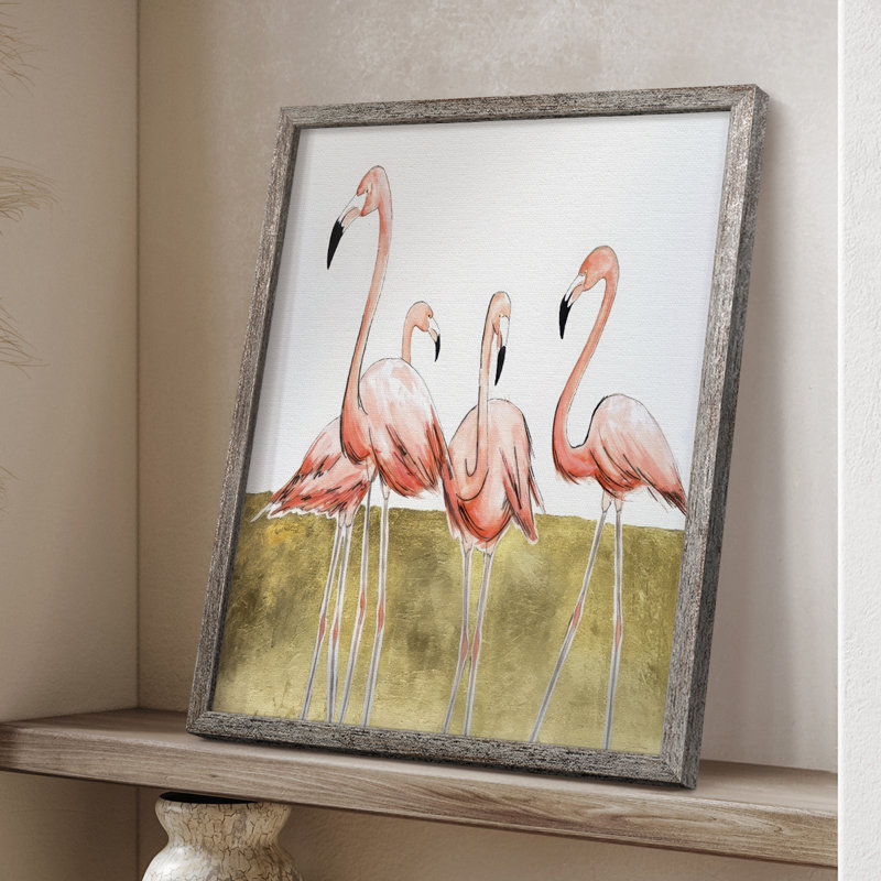 «Flamingo Flock II», reproduction encadrée - bois massif