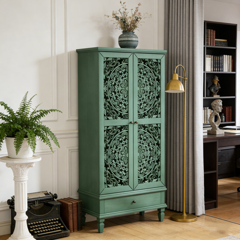 Armoire de rangement de 55 po de hauteur avec tiroir et 2 portes en bois sculpté avec pieds en bois massif, Vert antique