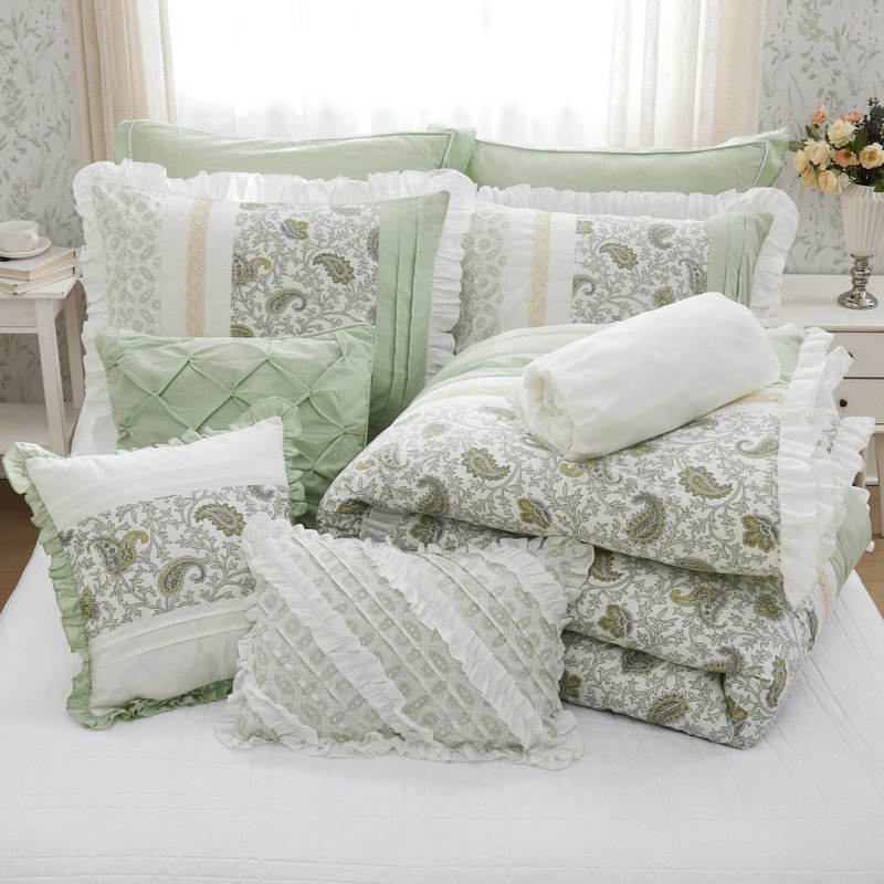 Édredon 9 lits, ensemble de literie à motif floral magnifique en coton, très grand, sauge exquise