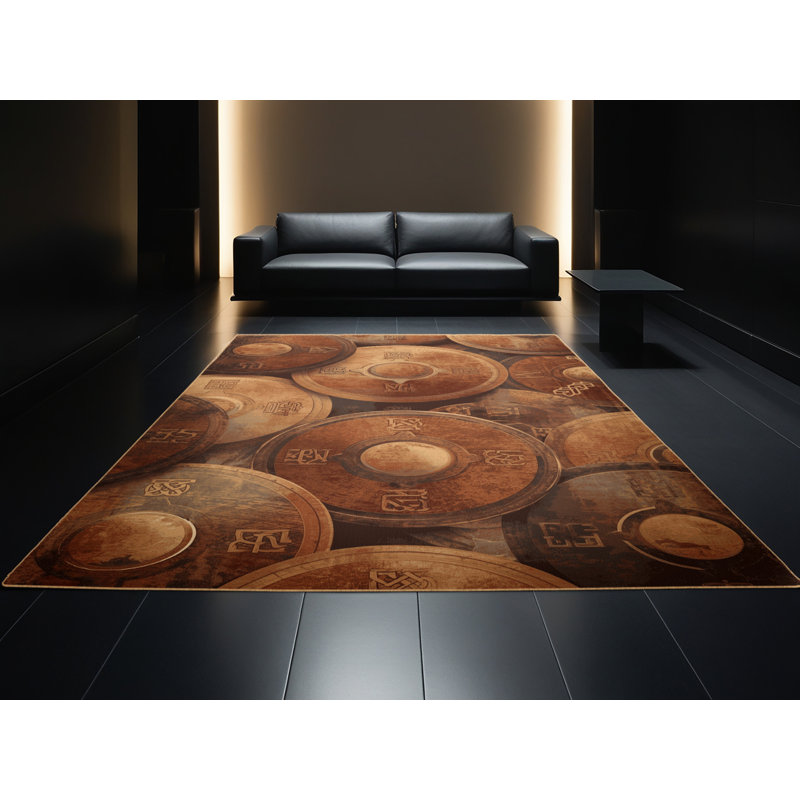 Tapis brun rustique lavable à la machine à motif rétro Ramirez - reliure brun clair, 4 x 2