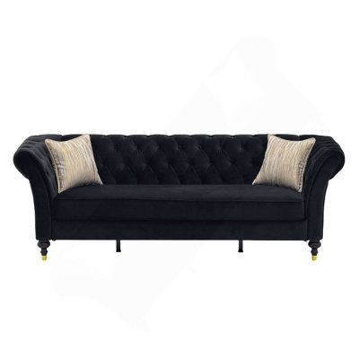 Canapé Chesterfield en velours noir, canapé capitonné à 3 places avec accoudoirs roulés et pieds en bois sculpté, canapé Mid-Century 88,5 po avec 2 coussins pour le salon