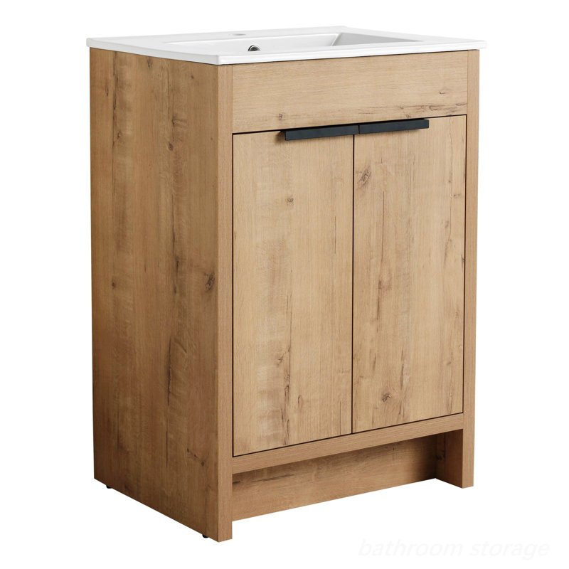 Meuble-lavabo autoportant avec lavabo en céramique et 2 portes à fermeture en douceur