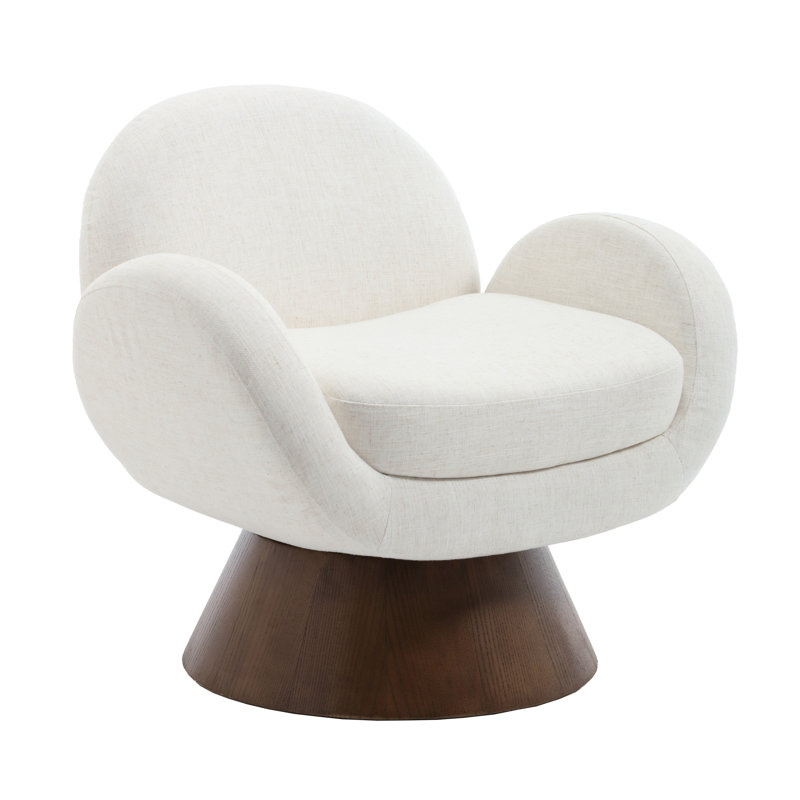 Swivel Armchair With Solid Wood Base, Beige Linen/Walnut