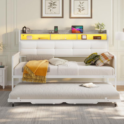Daybed With Trundle, Twin Day Bed with Upholstered Headboard and Charging Station