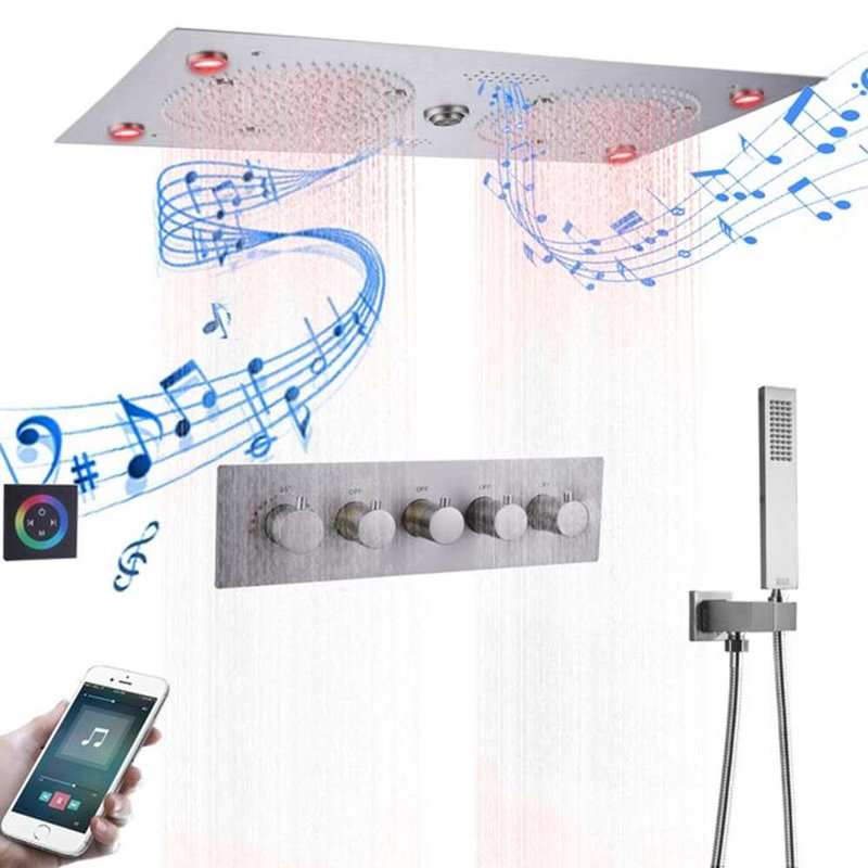 Brushed Nickel Thermostatic Recessed Ceiling Mount Rainfall LED Shower System with Handheld Shower