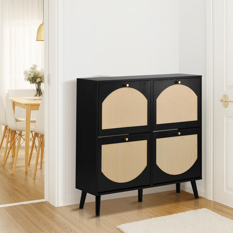 Black Frame Arched Rattan Shoe Cabinet - Modern Rustic Flip-top Storage With Elevated Legs