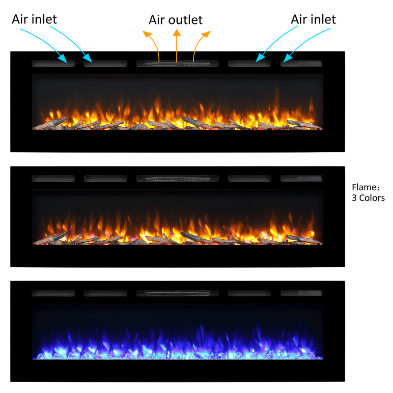 Puraflame Alice 68 Inches Recessed Electric Fireplace, Flush Mounted for 2 X 6 Stud, Log Set & Crystal, 1500W Heater, Black