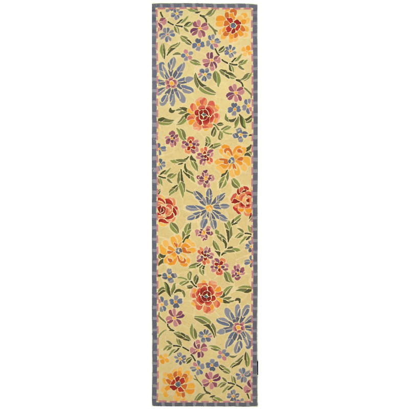 Papillon Hand Hooked Wool Pile Floral Rug, Runner 2'6" x 12'