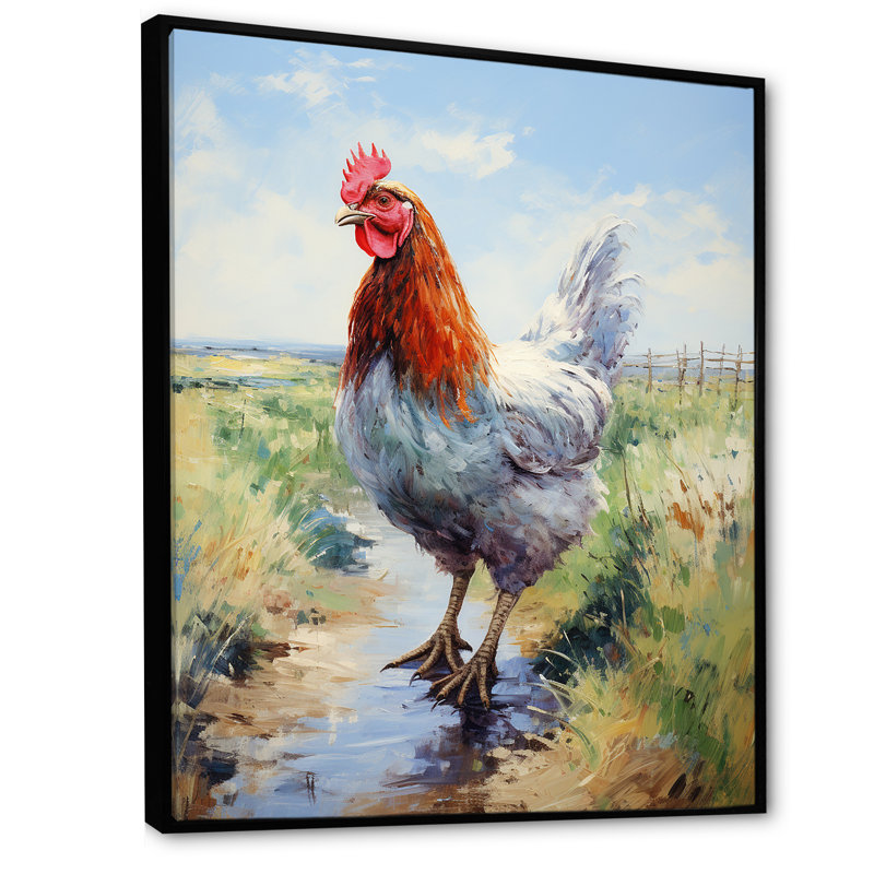 Ferme, coq, campagne, prairie II - coq, art mural, H 32 po x l 16 po x P 1 po, Cadre flottant noir