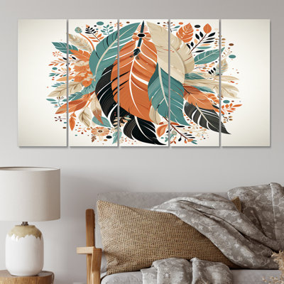 «Retro Boho Feathers In Blue I», impression d'art mural plumes - 5 panneaux égaux