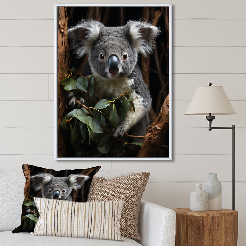 Gris Koala Climber 1 - Koala Animal, art mural, H 40 po x l 30 po x P 1,5 po, Cadre flottant blanc