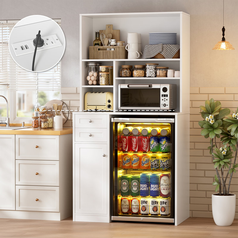Mini armoire frigorifique avec rangement, armoire bar avec mini espace réfrigérateur et prise de courant, armoire micro-ondes avec rangement, station de breuvage pour la cuisine, la salle à manger, le salon, blanc