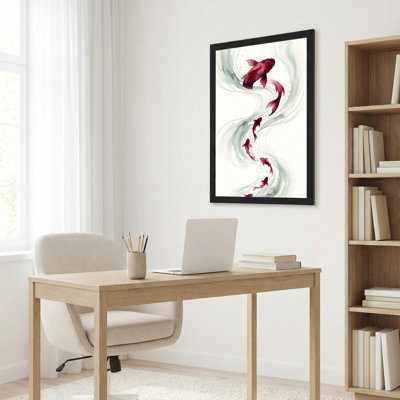 Art mural sur toile noir encadré pour le salon, la chambre à coucher, le bureau ou le vestibule - Décoration murale décorative avec poisson Koi