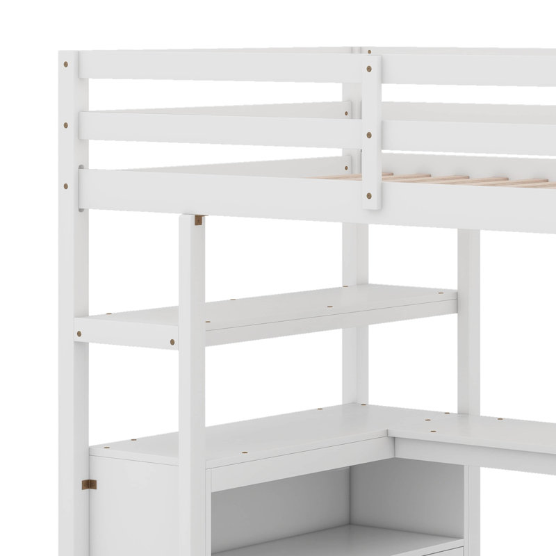 Lit mezzanine avec bureau et tablettes, deux tiroirs intégrés, escalier de rangement, Lit simple, Blanc