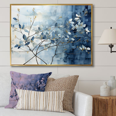 Art mural bleu et gris sur une branche I - Feuilles