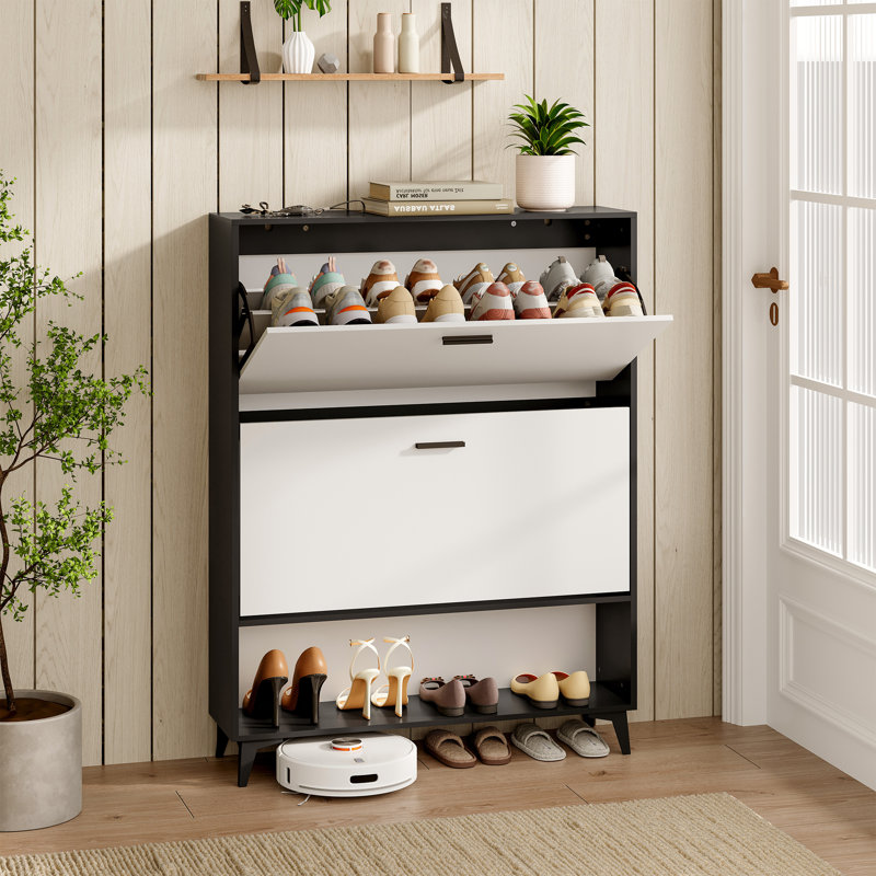 Shoe Cabinet, Freestand Shoe Organizer Cabinet with 2 Flip Drawers & Adjustable Shelves for 16-24 Pairs Modern Entrance Shoe Rack for Entryway