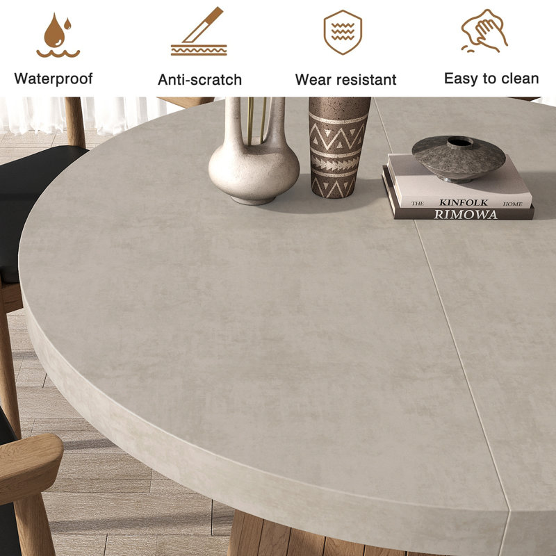 Gray and Natural Wood Round Extendable Dining Table for 4-6