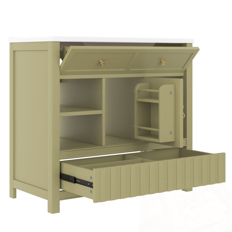 Meuble-lavabo de salle de bain avec lavabo, tiroirs et tablettes de rangement ouvertes, Vert
