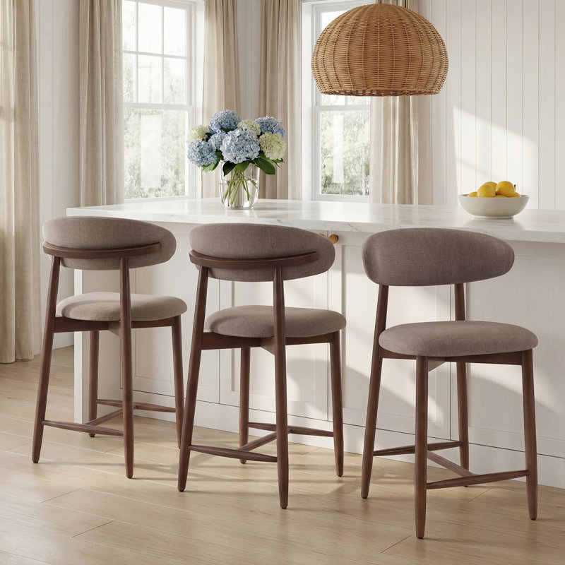 Upholstered Counter Height Bar Stool with Solid Wood legs, Camel, 3