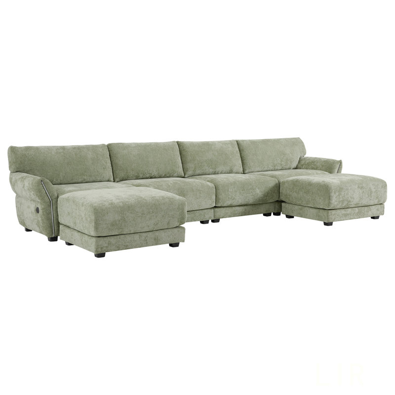 142 Inch U-Shape Modular Sectional Sofa With Extra-Wide Seat, USB And Type-C Charging, Petal Armrests, High-Density Foam, And Free-Moving Ottoman