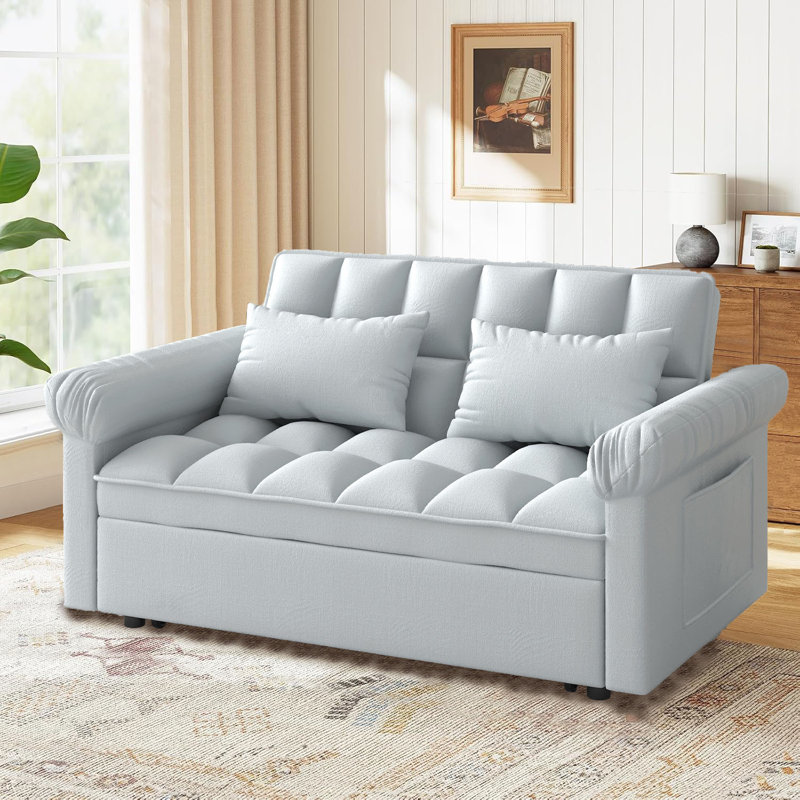 Velvet Tufted Convertible Sleeper Sofa Bed With 2 Pillows, 3 In 1 Pull Out Futon Sofa Bed With Adjustable Backrest, Ideal For Small Spaces & Guests!